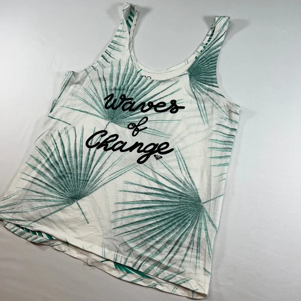 Roxy‎ Womens Medium White Green Palm Leaf Graphic Tank Top Waves of Change